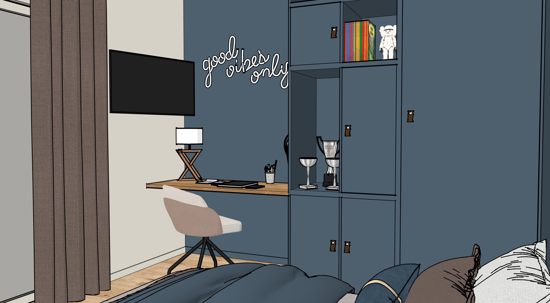 Espace bureau dans chambre d'ado maison individuelle à Savigneux - Visuel 3D