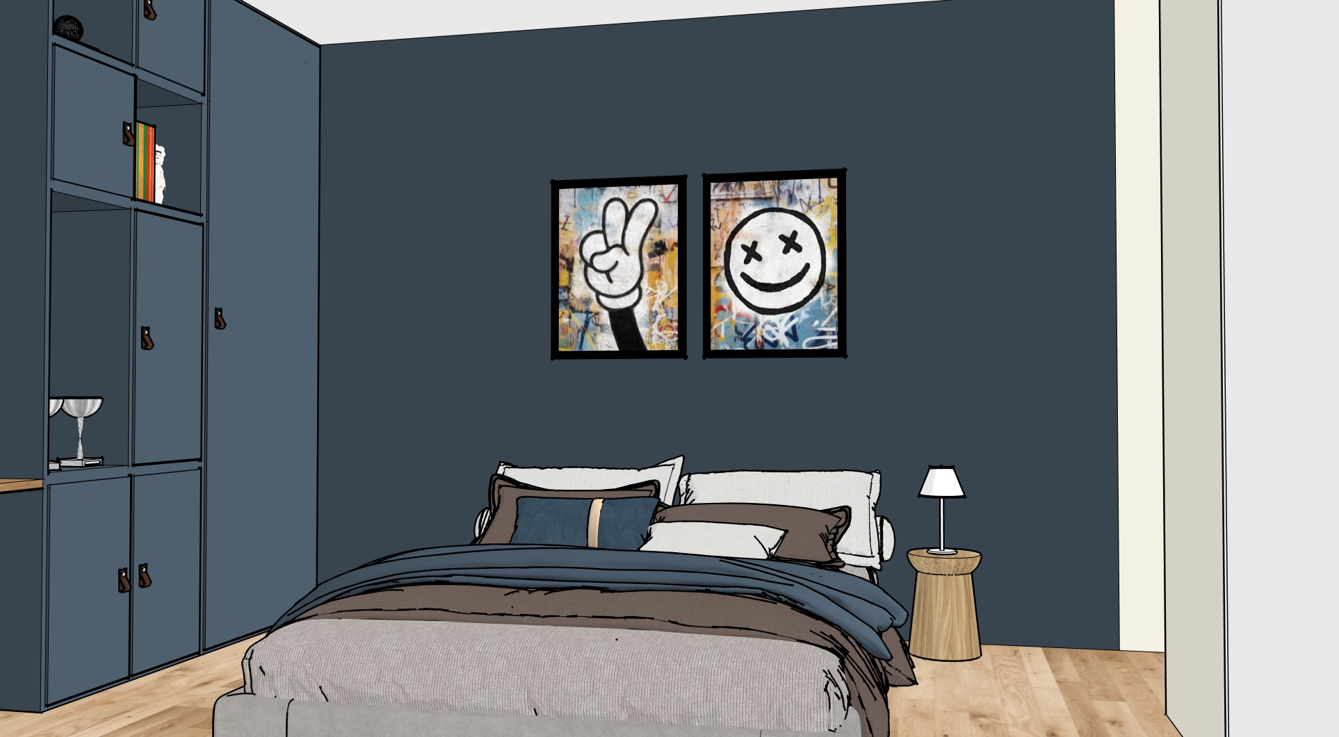 Espace lit avec le meuble de rangement sur mesure