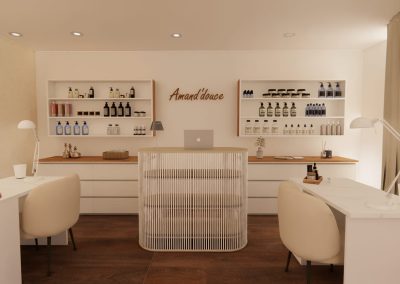 Agencement d’un institut de beauté à lyon avec comptoir d’accueil arrondi, postes de manucure, bois clair et ambiance cosy