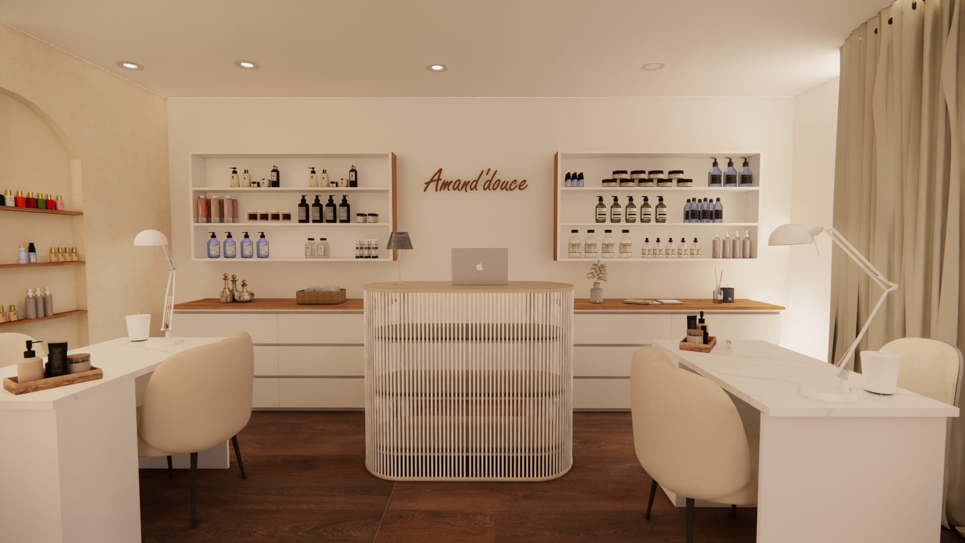 Agencement d’un institut de beauté à lyon avec comptoir d’accueil arrondi, postes de manucure, bois clair et ambiance cosy