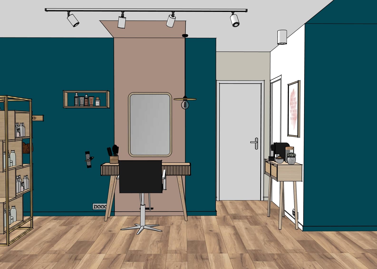 Aménagement d’un espace coiffage à belleville-en-beaujolais avec mur bleu, bande rose poudré au plafond et mobilier en bois