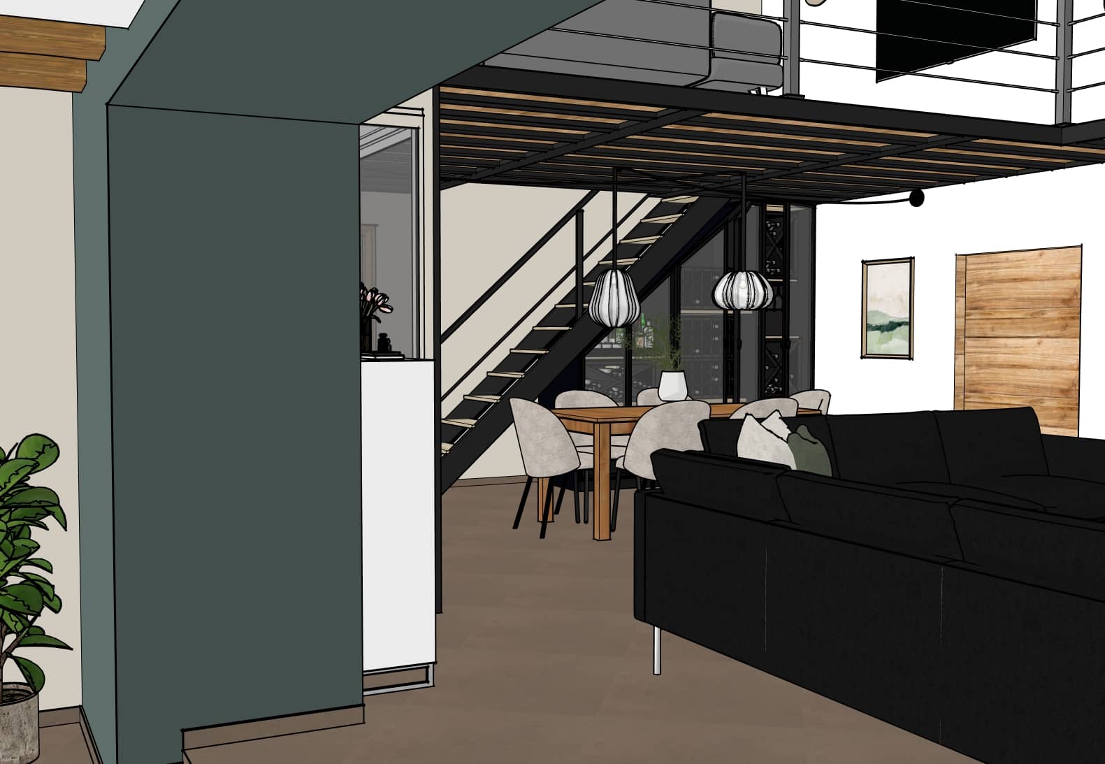 Aménagement intérieur à savigneux avec mezzanine, escalier métal, salle à manger modernisée et cave à vin sous escalier