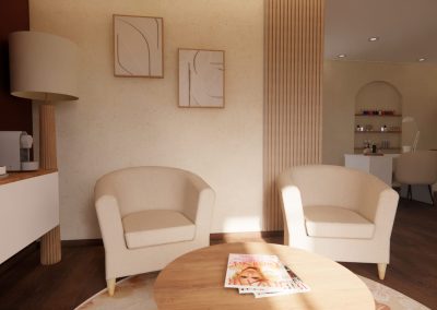Décoration d’un institut de beauté à lyon avec espace attente chaleureux, fauteuils beiges, bois et mur texturé à la chaux