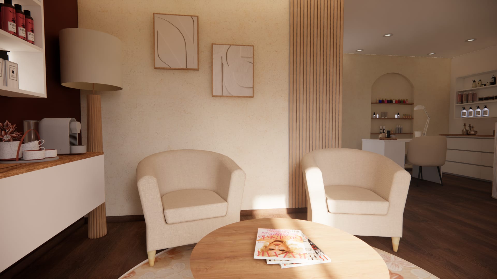 Décoration d’un institut de beauté à lyon avec espace attente chaleureux, fauteuils beiges, bois et mur texturé à la chaux