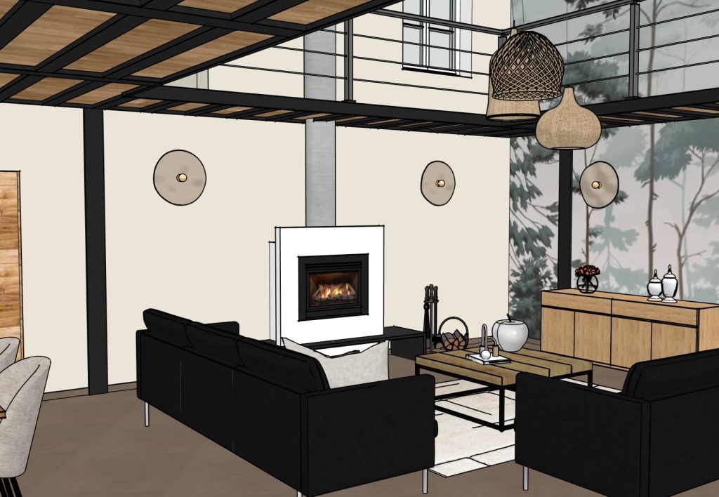 Décoration d’une pièce de vie à savigneux avec salon cosy, cheminée, papier peint panoramique forêt et suspensions naturelles