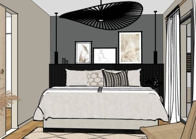 Projection 3D d’une chambre parentale à Lentilly avec tête de lit en tasseaux noirs, mur gris anthracite et ambiance chaleureuse