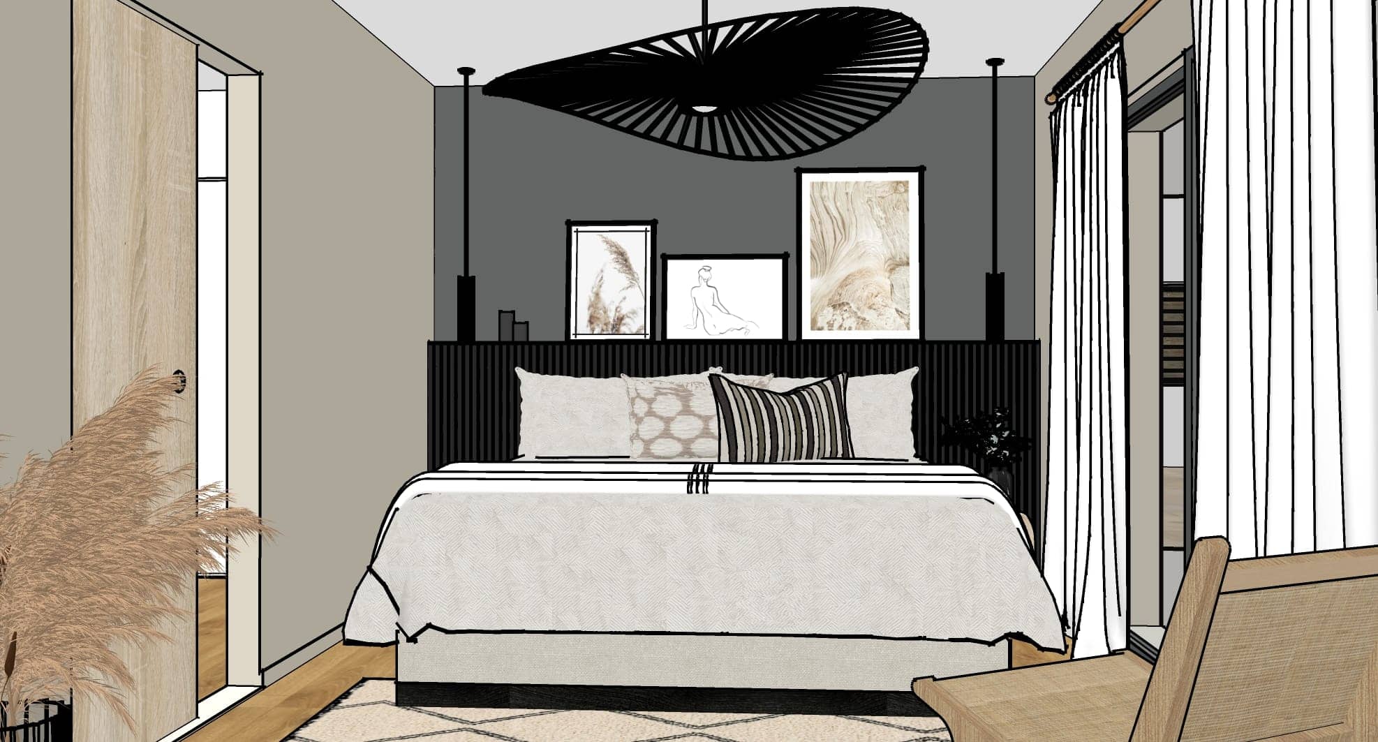 Projection 3D d’une chambre parentale à Lentilly avec tête de lit en tasseaux noirs, mur gris anthracite et ambiance chaleureuse