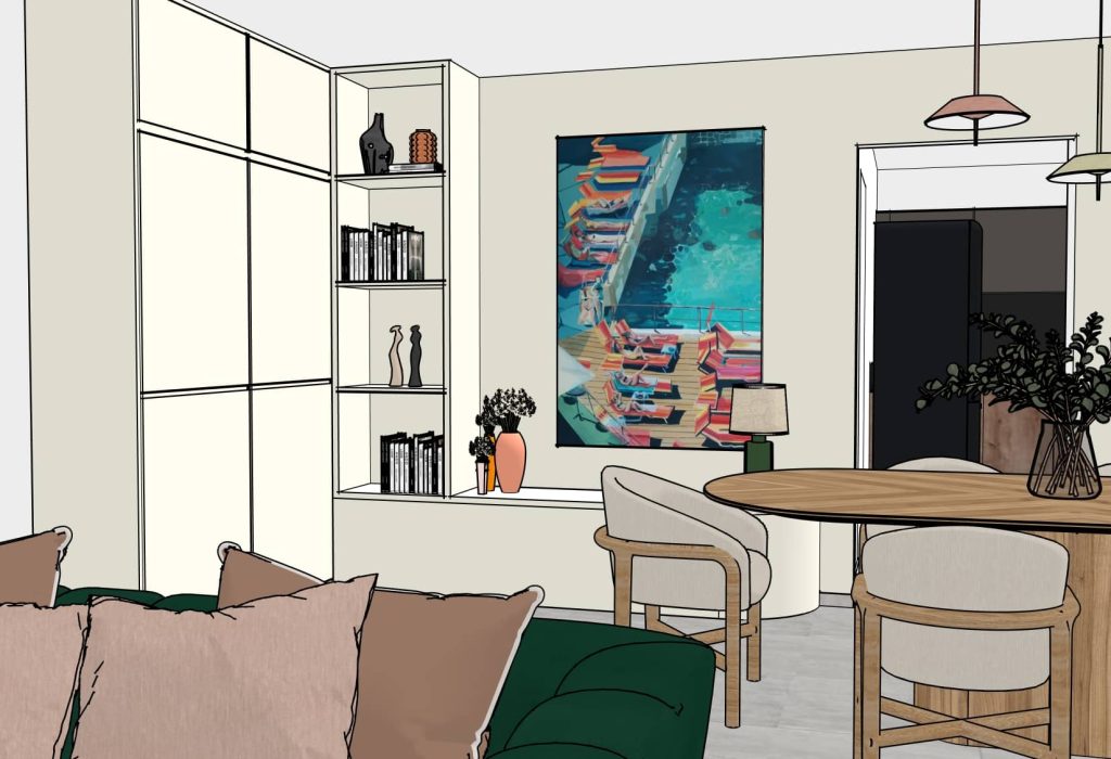 Projection 3d d’une pièce de vie à civrieux-en-dombes avec meuble sur mesure, tableau coloré et salle à manger chaleureuse