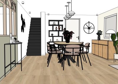Projection 3d d’une salle à manger à mionnay avec table en bois, mobilier moderne et cuisine ouverte par une verrière