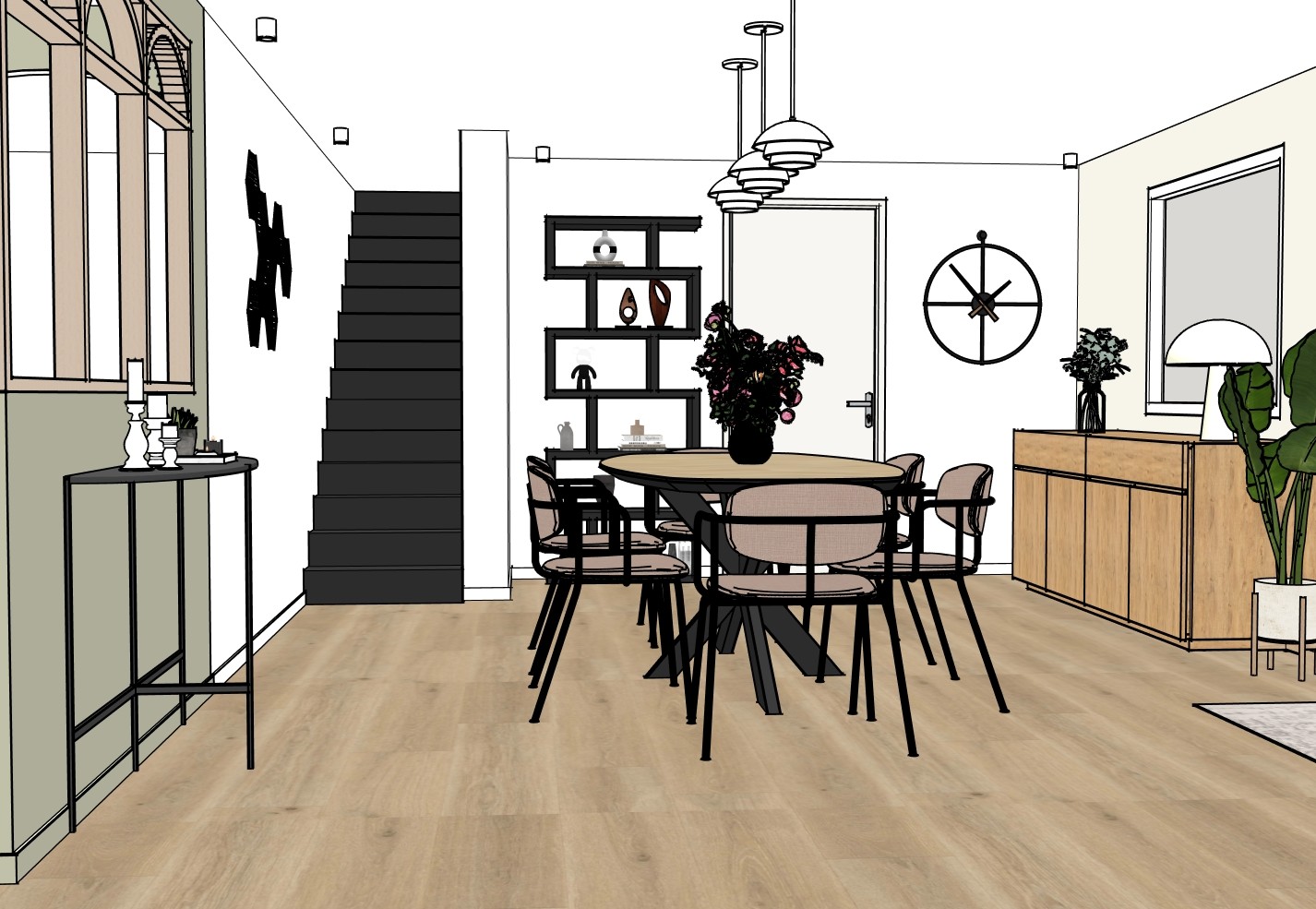 Projection 3d d’une salle à manger à mionnay avec table en bois, mobilier moderne et cuisine ouverte par une verrière