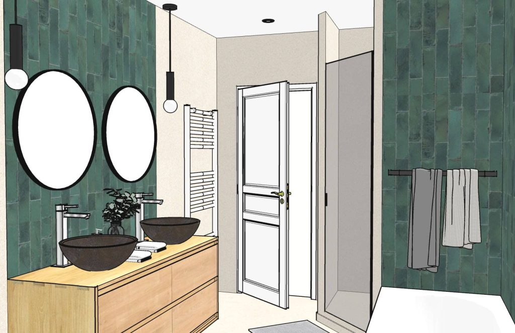 Projection 3d d’une salle de bain à garnerans avec meuble vasque bois, zellige vert, miroirs ronds et douche à l’italienne