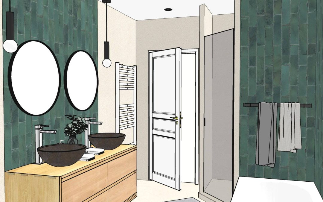 Rénovation déco d&rsquo;une salle de bain à Garnerans : béton ciré, zellige vert et élégance moderne