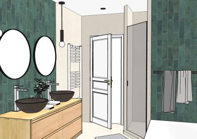 Projection 3d d’une salle de bain à garnerans avec meuble vasque bois, zellige vert, miroirs ronds et douche à l’italienne