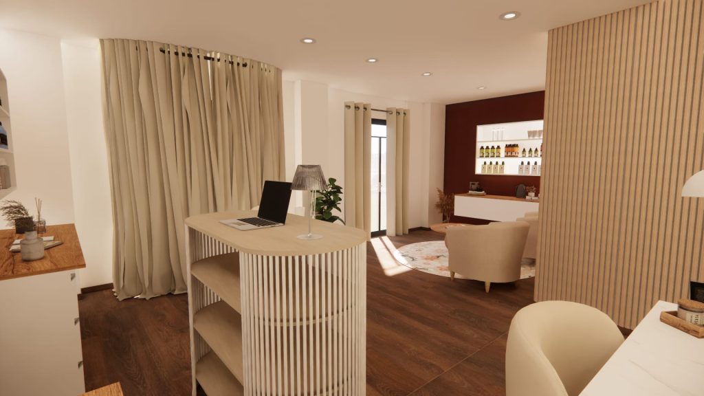 Rendu 3D d’un institut de beauté à Lyon avec espace accueil réagencé, coin attente cosy, tasseaux bois et tons beige terracotta