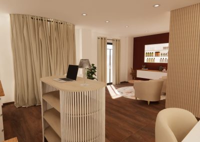 Rendu 3D d’un institut de beauté à Lyon avec espace accueil réagencé, coin attente cosy, tasseaux bois et tons beige terracotta