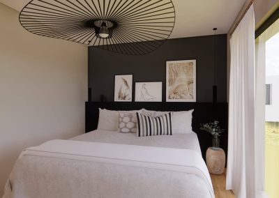 Rendu 3D d’une chambre parentale élégante à Lentilly avec tête de lit noire, mur anthracite, rideaux blancs et matières naturelles