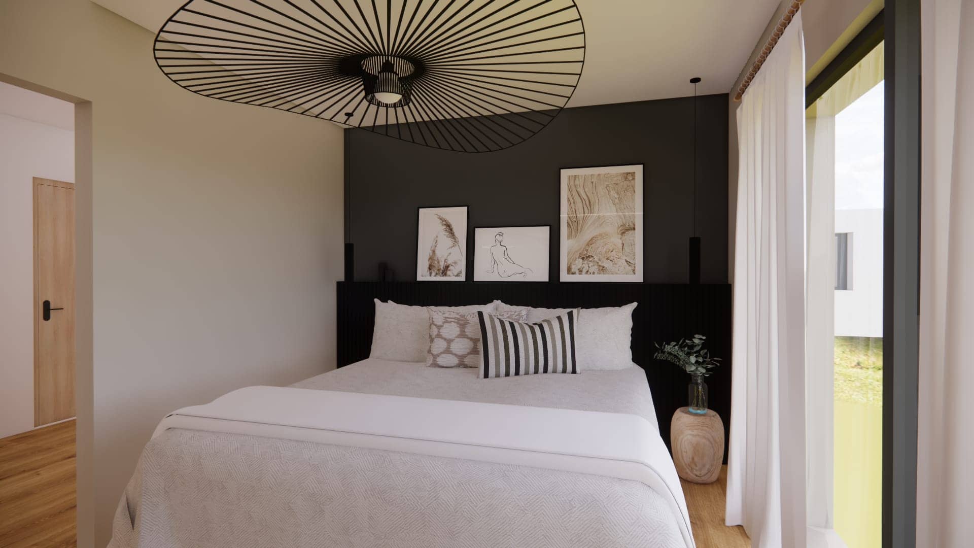 Rendu 3D d’une chambre parentale élégante à Lentilly avec tête de lit noire, mur anthracite, rideaux blancs et matières naturelles