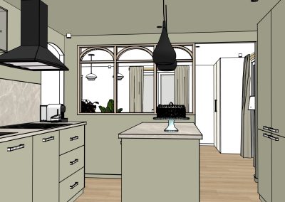 Rendu 3d d’une cuisine vert sauge à mionnay avec îlot central, verrière en bois arrondie et ambiance chaleureuse