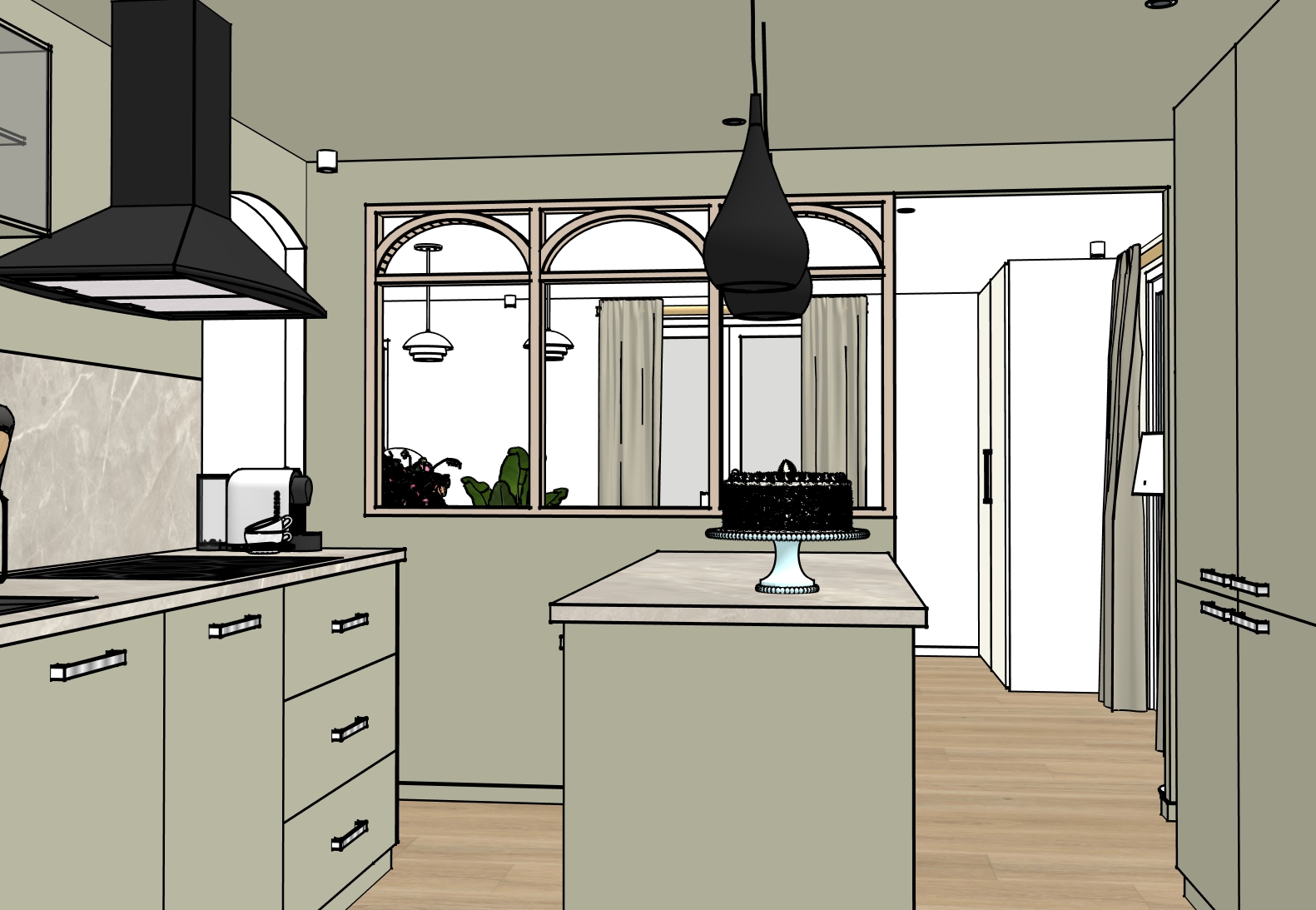 Rendu 3d d’une cuisine vert sauge à mionnay avec îlot central, verrière en bois arrondie et ambiance chaleureuse