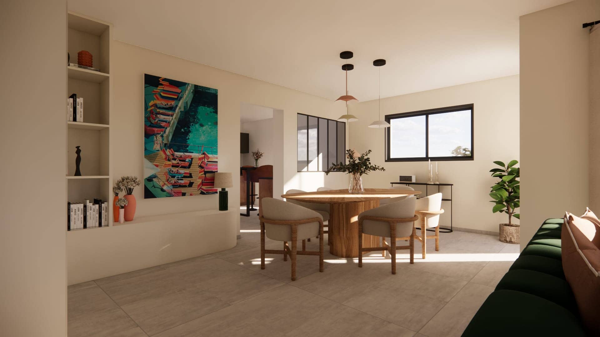 Rendu 3d d’une salle à manger à civrieux-en-dombes avec meuble sur mesure, grand tableau coloré et ambiance douce