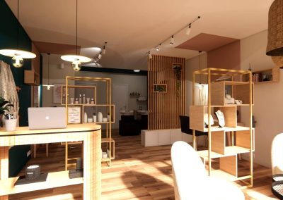 Rendu réaliste d’un salon de coiffure à Belleville-en-Beaujolais avec accueil en bois, mur bleu, touches dorées et ambiance chaleureuse