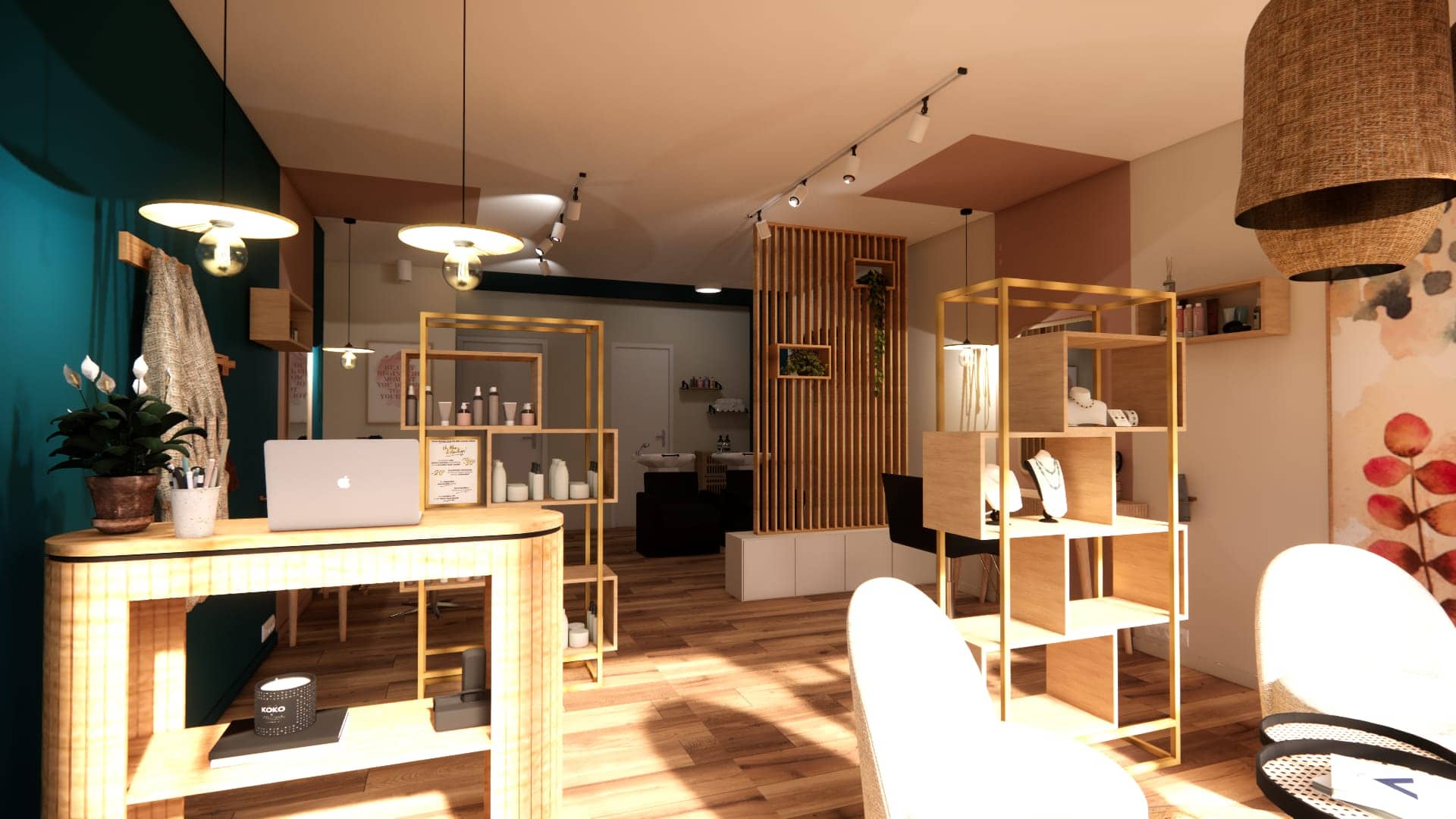 Rendu réaliste d’un salon de coiffure à Belleville-en-Beaujolais avec accueil en bois, mur bleu, touches dorées et ambiance chaleureuse