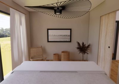 Rendu réaliste d’une chambre parentale rénovée à Lentilly avec suspension noire, murs beige, bois clair et décoration naturelle