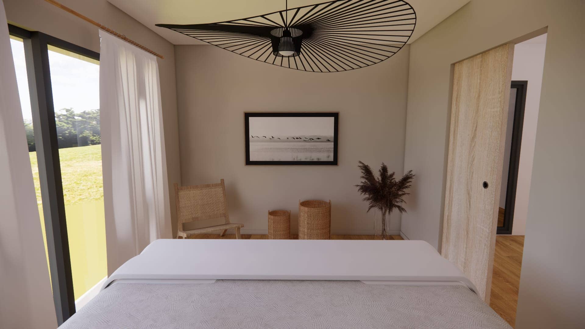 Rendu réaliste d’une chambre parentale rénovée à Lentilly avec suspension noire, murs beige, bois clair et décoration naturelle
