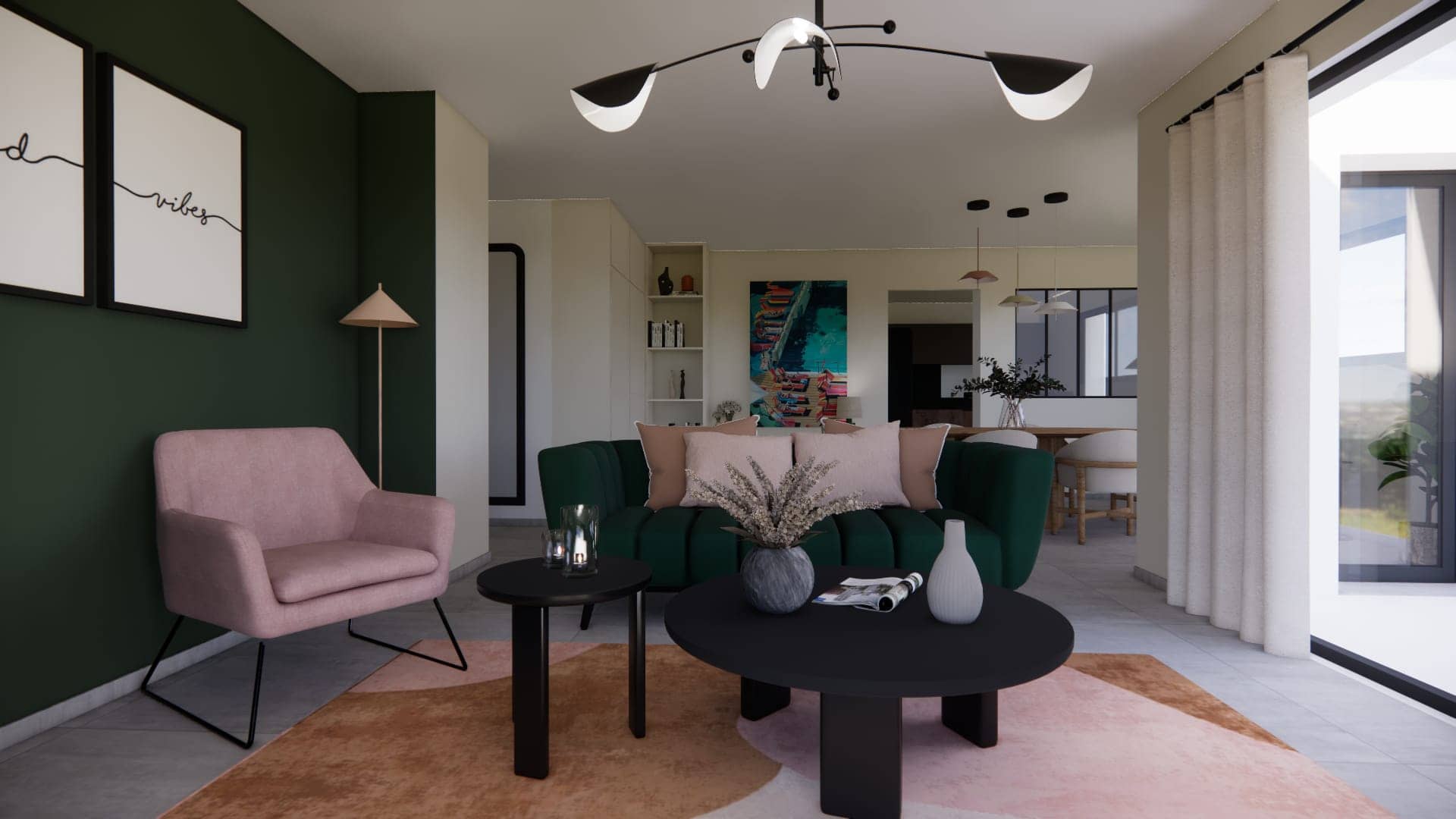 Rendu réaliste d’une pièce de vie à civrieux-en-dombes avec canapé vert, fauteuil rose poudré, tapis coloré et suspension design