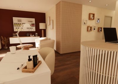 Visuel 3d d’un institut de beauté à lyon avec accueil moderne, tasseaux bois, coin manucure et décoration beige terracotta