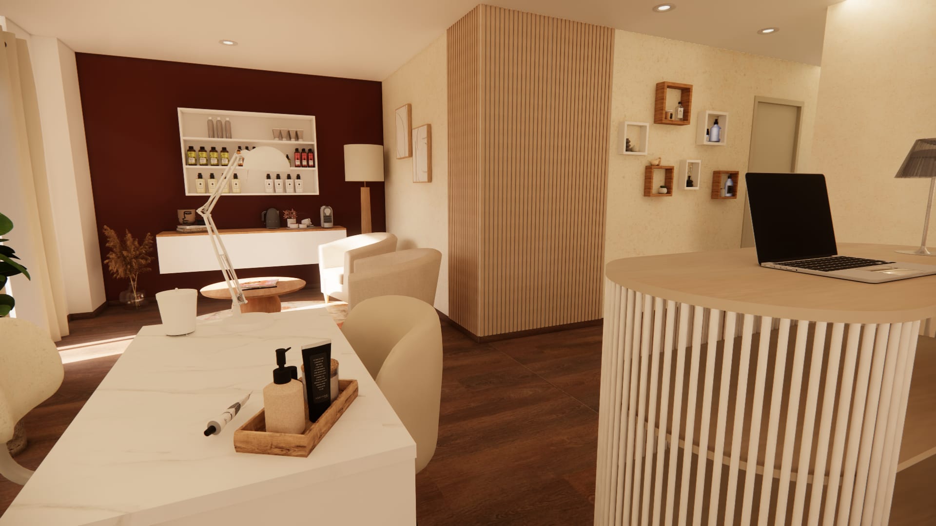 Visuel 3d d’un institut de beauté à lyon avec accueil moderne, tasseaux bois, coin manucure et décoration beige terracotta
