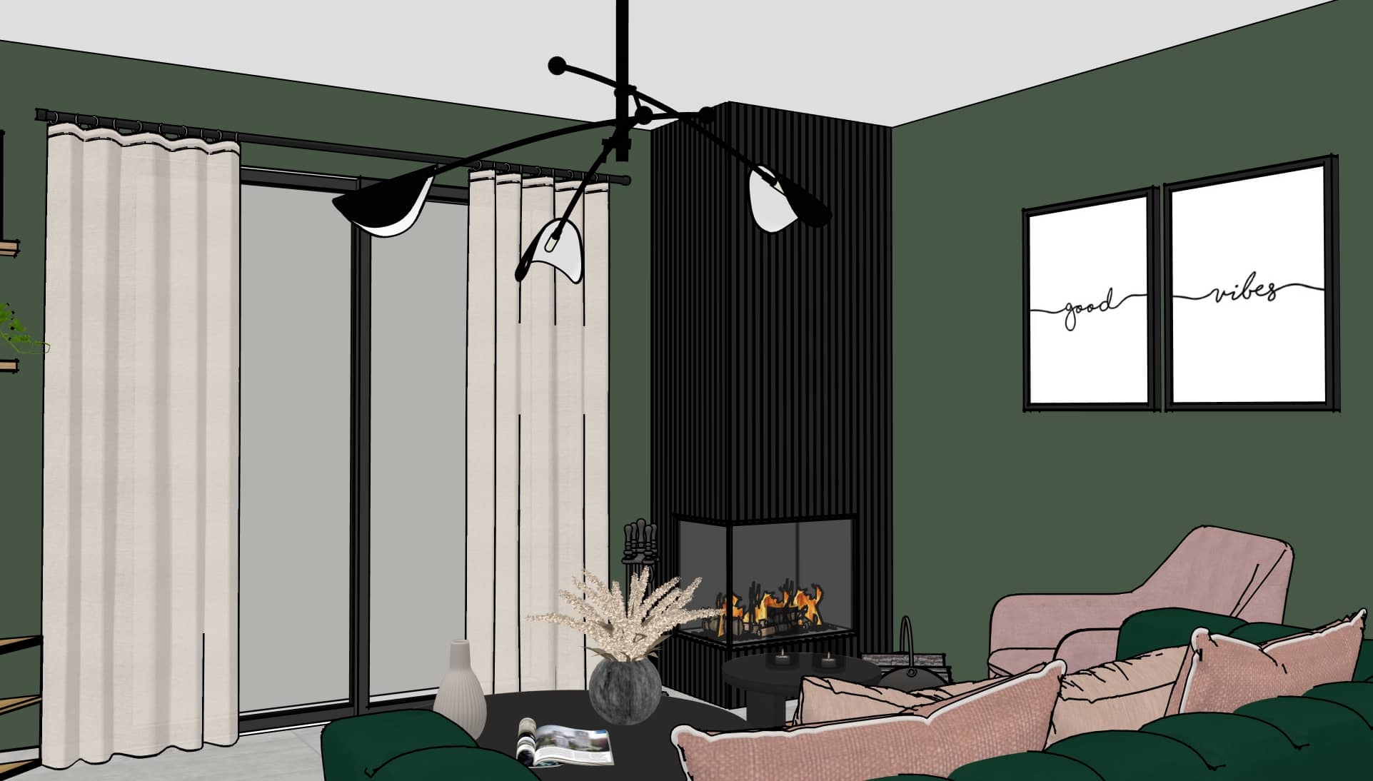 Visuel 3d d’un salon à civrieux-en-dombes avec mur vert profond, cheminée noire, canapé vert et fauteuil rose poudré