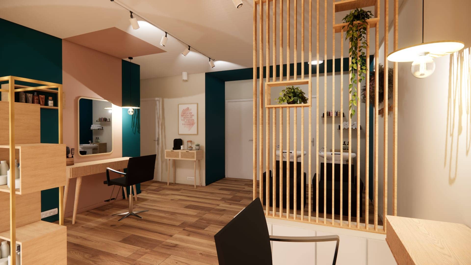 Visuel 3d d’un salon de coiffure à belleville-en-beaujolais avec espace coiffage, claustra bois, peinture rose poudré et bleu énergique