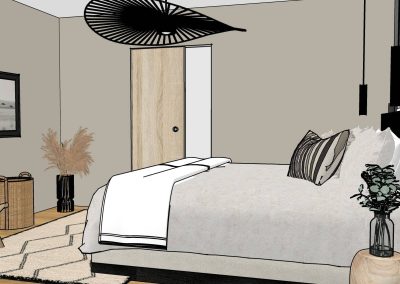 Visuel 3D d’une chambre parentale cosy à Lentilly avec tête de lit noire, murs beige, matières naturelles et décoration élégante
