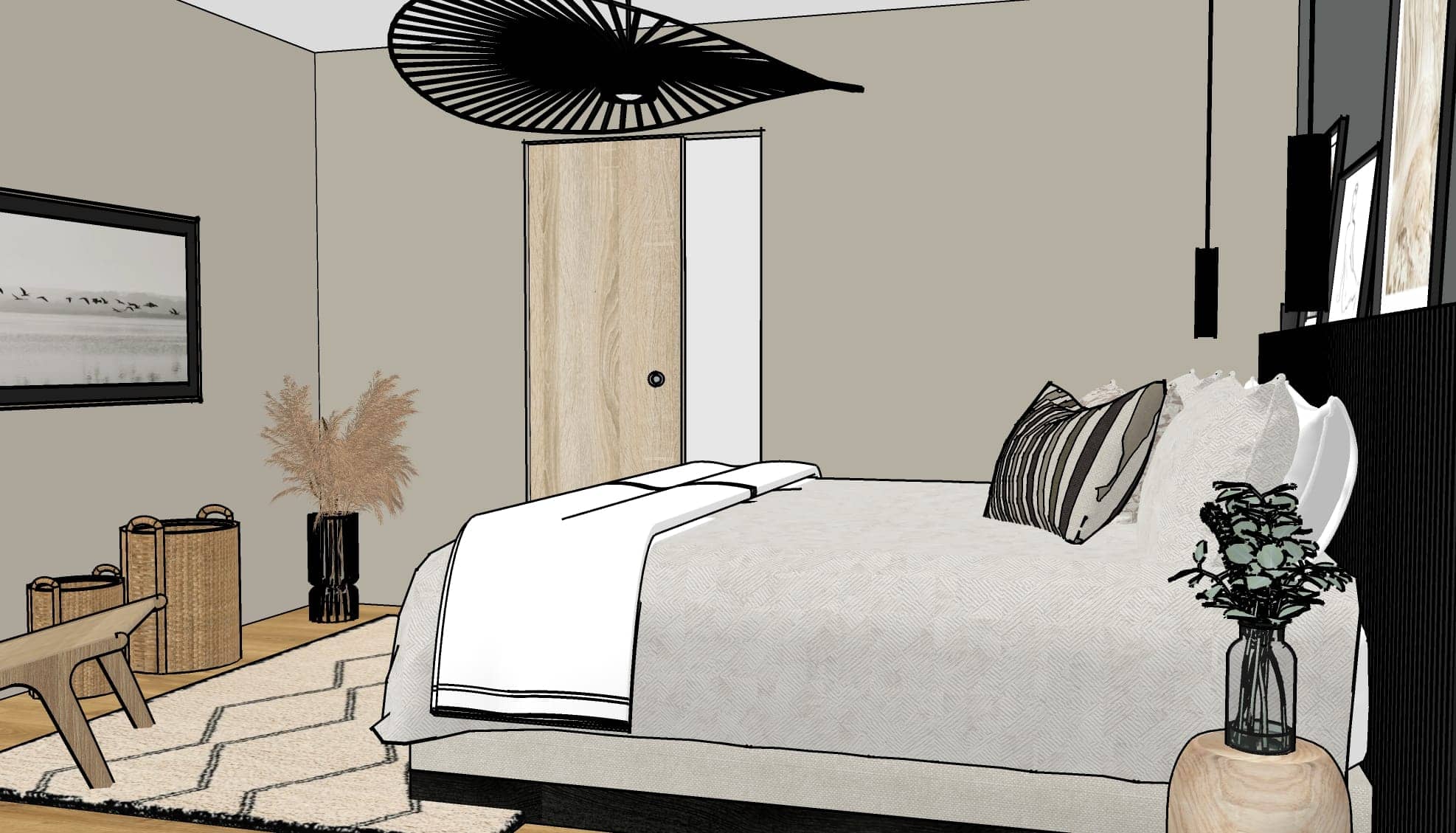 Visuel 3D d’une chambre parentale cosy à Lentilly avec tête de lit noire, murs beige, matières naturelles et décoration élégante