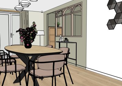 Visuel 3d d’une cuisine ouverte sur salle à manger à mionnay avec verrière bois arrondie et total look vert sauge