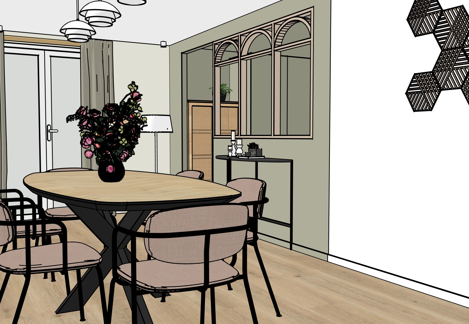 Visuel 3d d’une cuisine ouverte sur salle à manger à mionnay avec verrière bois arrondie et total look vert sauge