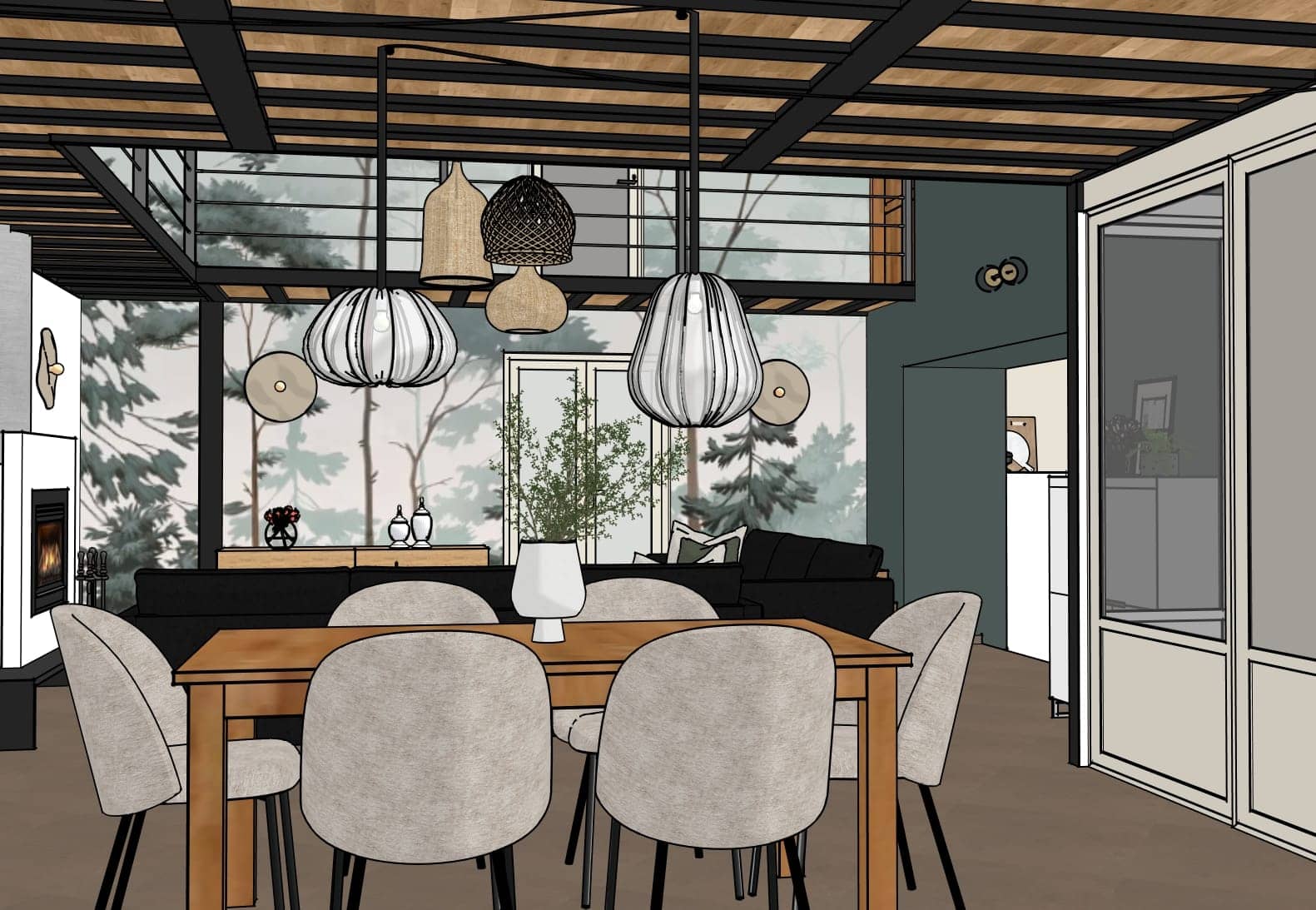 Visuel 3d d’une pièce de vie à savigneux avec mezzanine, papier peint forêt, suspensions en rotin et salle à manger chaleureuse