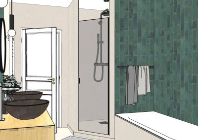 Visuel 3d d’une salle de bain à garnerans avec zellige vert, double vasque, béton ciré et douche moderne